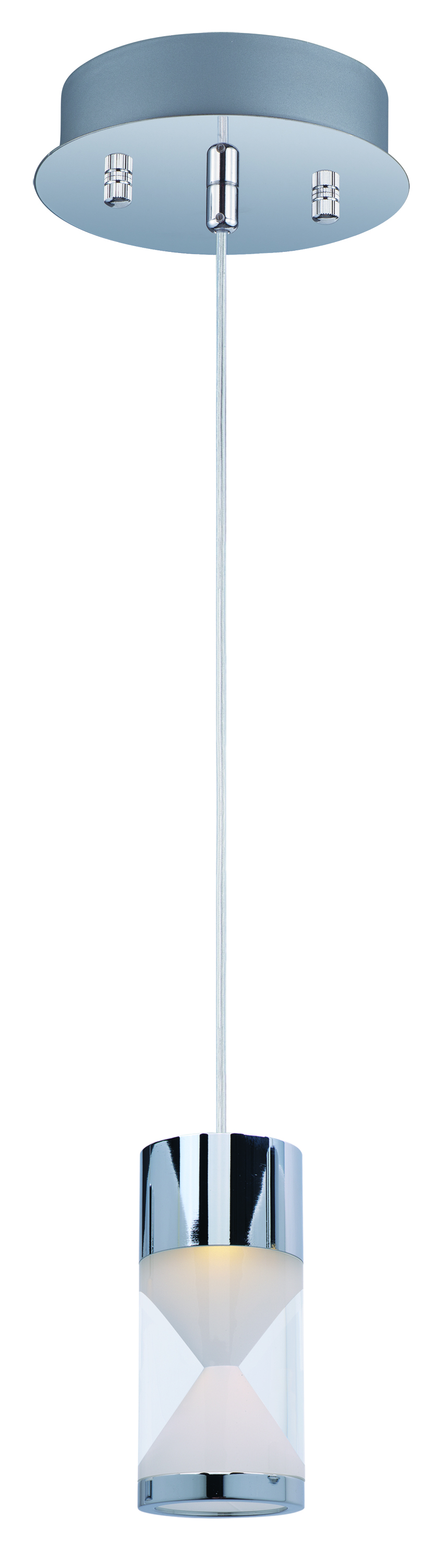 The Tyme Mini Pendant features high-power COB LED technology within an hourglass-shaped clear acrylic cylinder, creating dramatic lighting effects. Polished chrome hardware adds refined detail to this contemporary fixture.