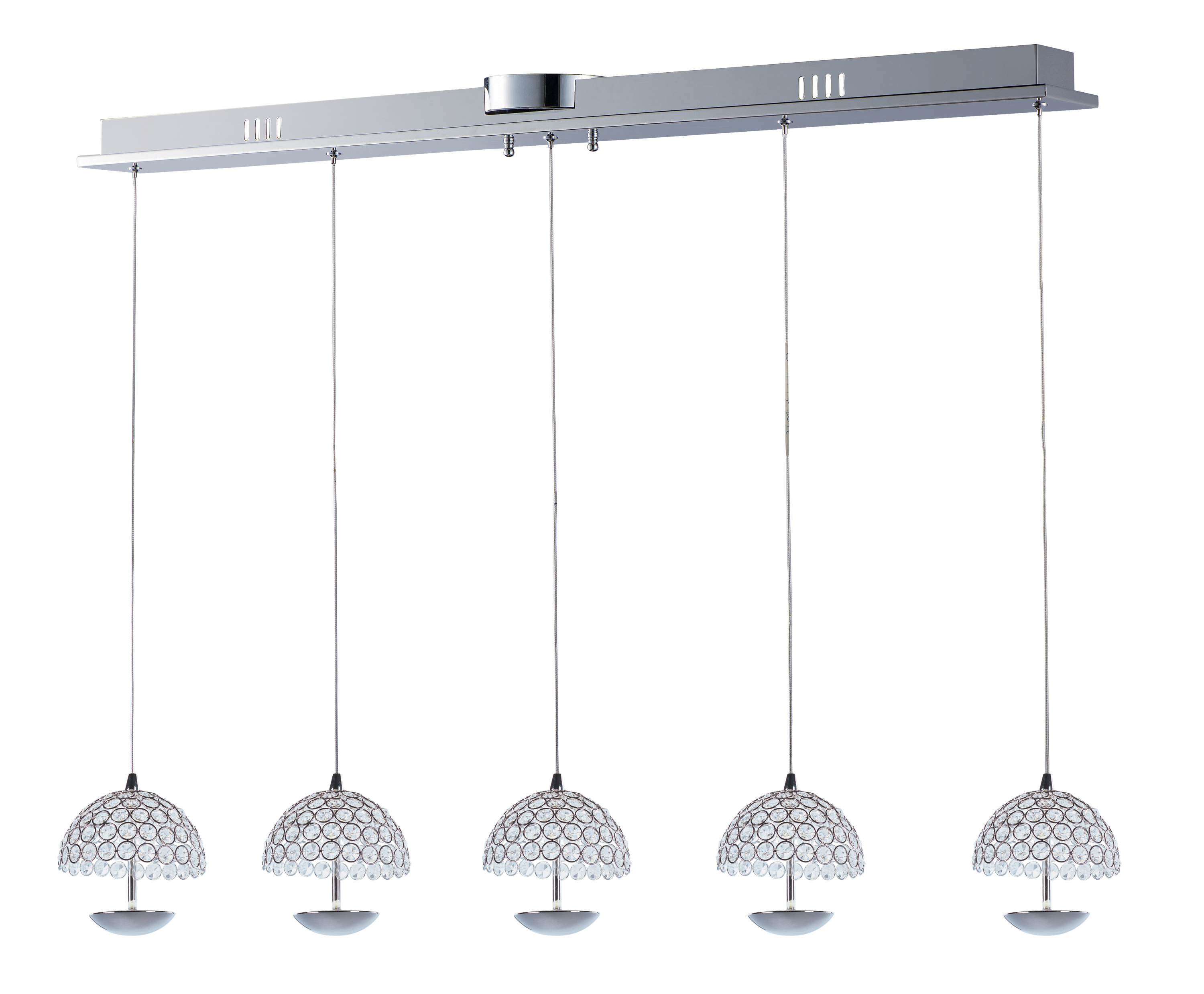 The Parasol pendant combines polished chrome metal rings with beveled crystals for sophisticated sparkle. LED bulbs shine upward to create gentle, indirect illumination while highlighting the crystal details.
