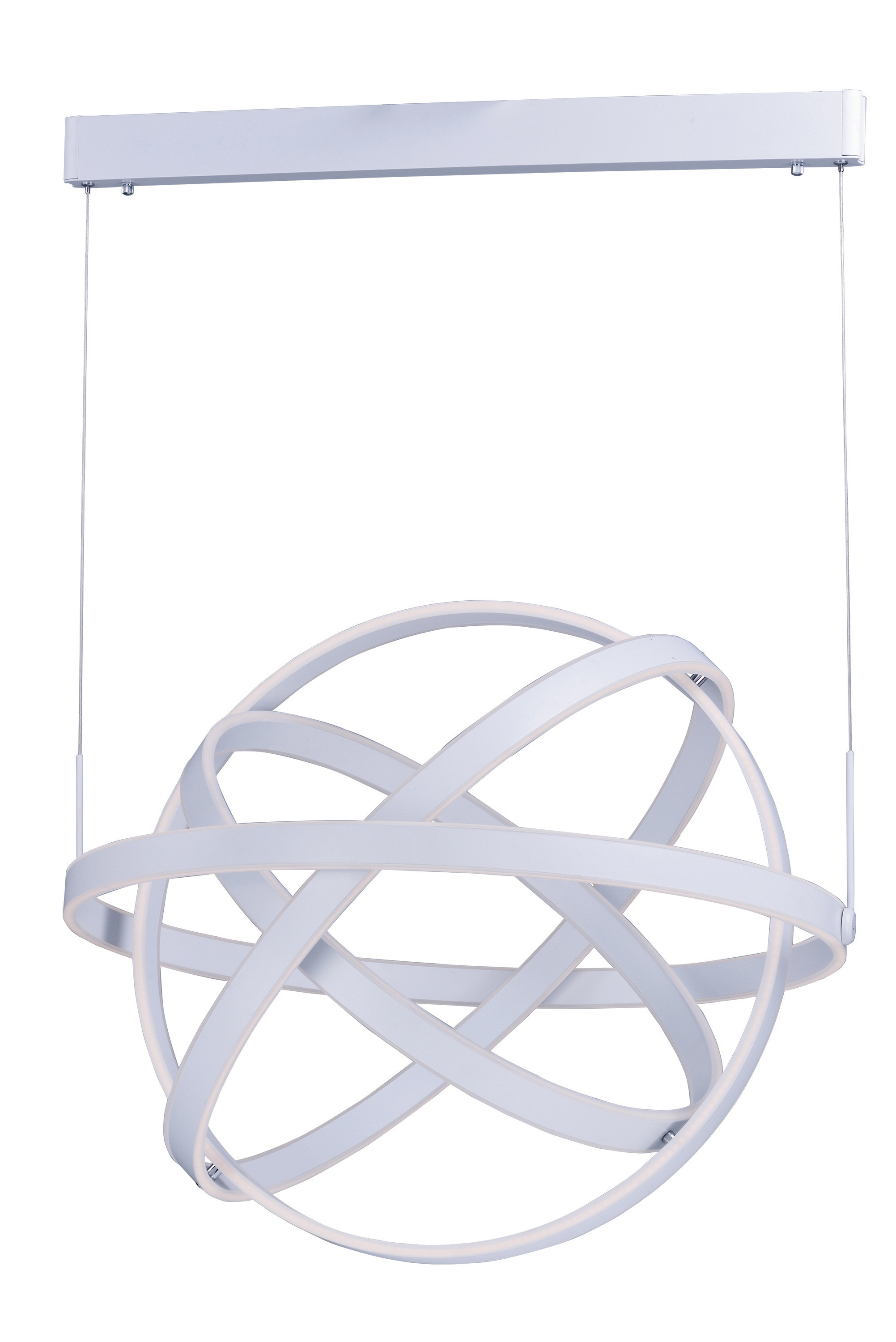 The Gyro LED Pendant is a striking kinetic sculpture that doubles as functional lighting. Its concentric rotating bands create a dynamic focal point while delivering 8,366 lumens of warm LED light through frosted acrylic lenses.