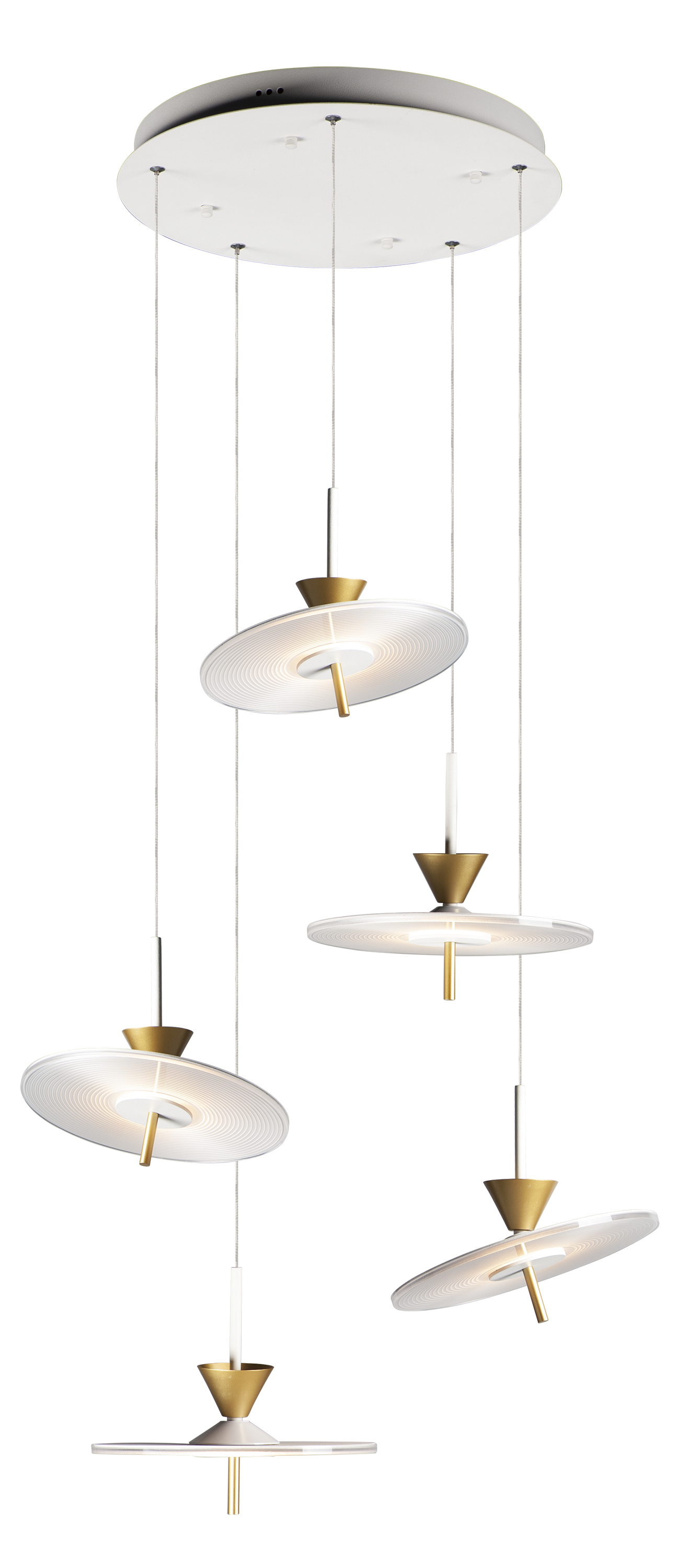 The Circuit pendant features five etched acrylic discs that glow beautifully when lit, suspended from sleek matte white frames with metallic gold accents. Each disc swivels independently, allowing you to customize the light direction and create dynamic visual interest in your space.