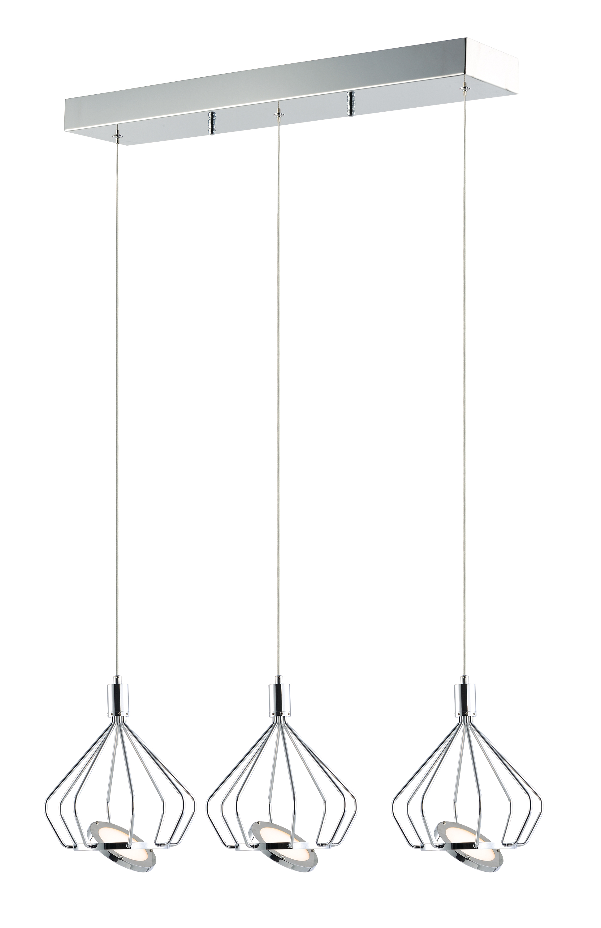 The Tilt pendant features an innovative rotating LED disc within a wire cage frame, providing both ambient uplight and functional downlight. Its adjustable design and polished chrome finish make it ideal for contemporary spaces.